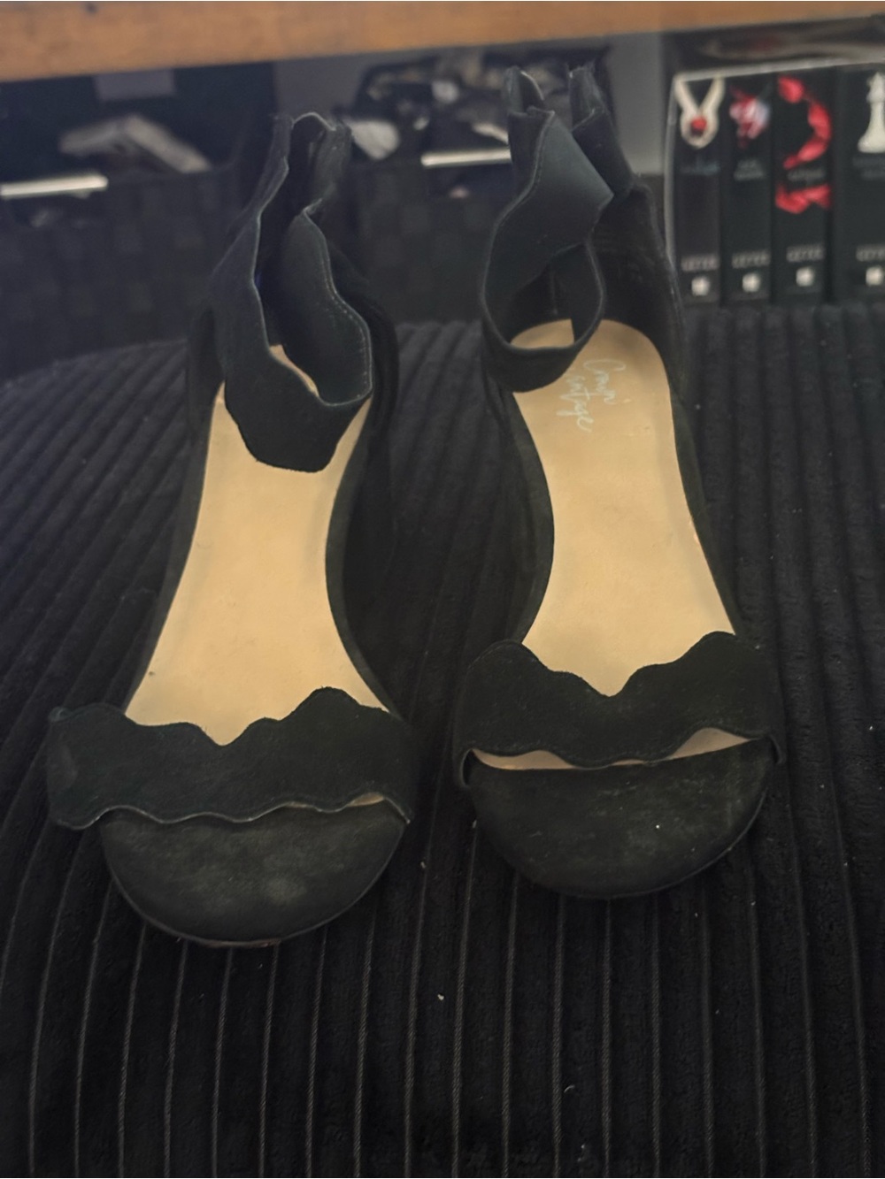 Crown Vintage Black Scallop Ankle-Strap Heels